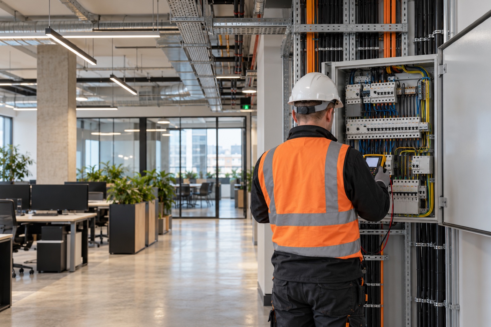 Electrician inspecting a commercial distribution board in a modern workspace