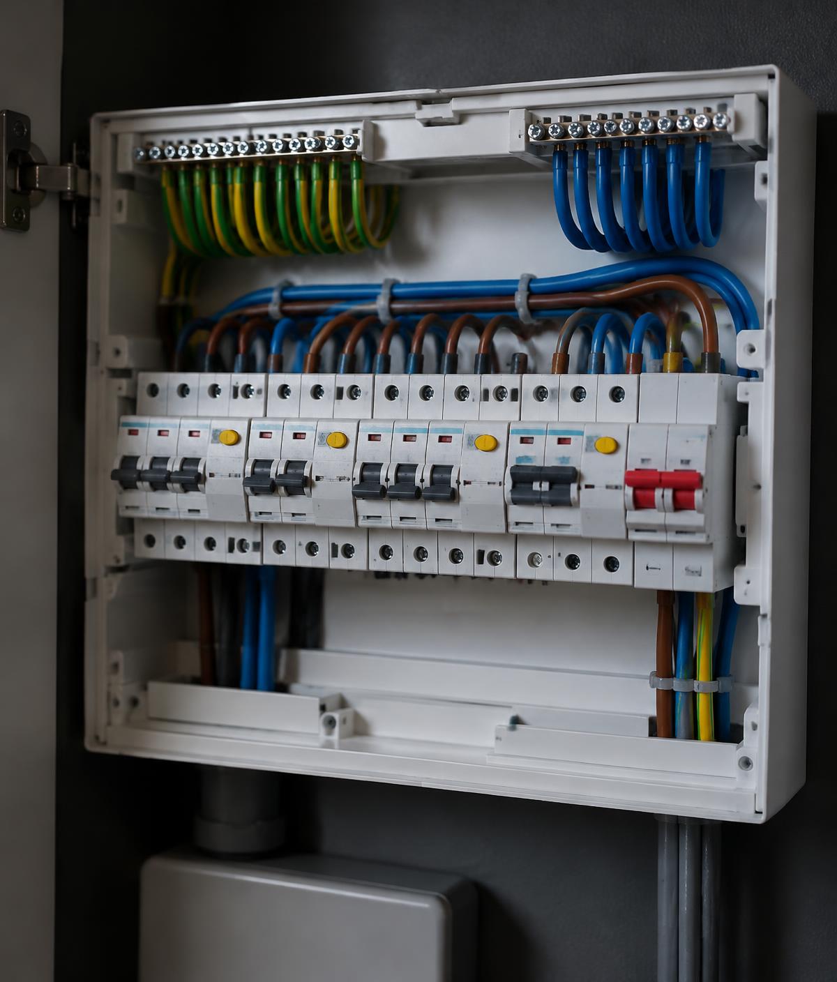 Modern UK consumer unit with labelled protective devices