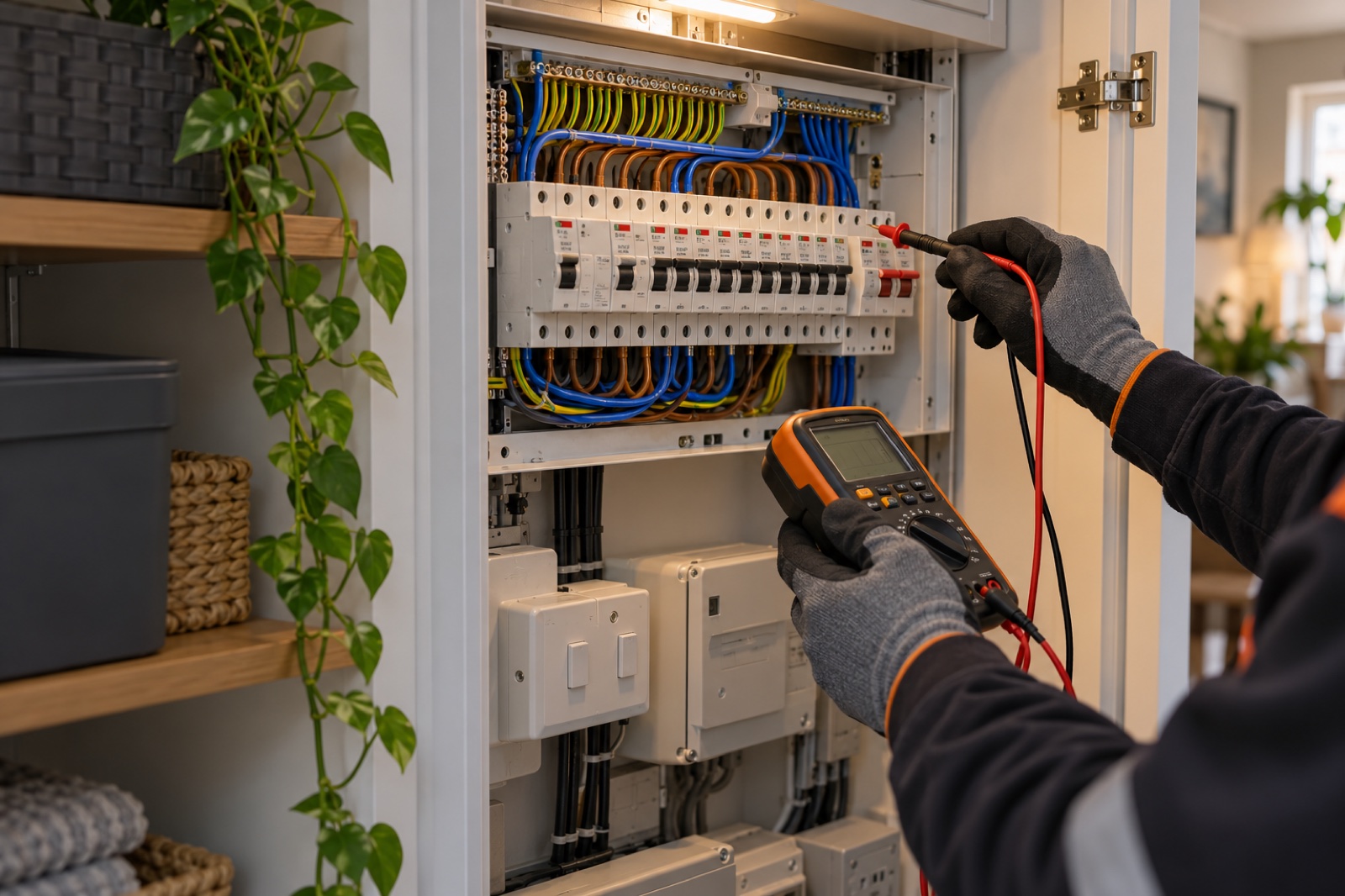 Electrician testing a UK consumer unit during an EICR
