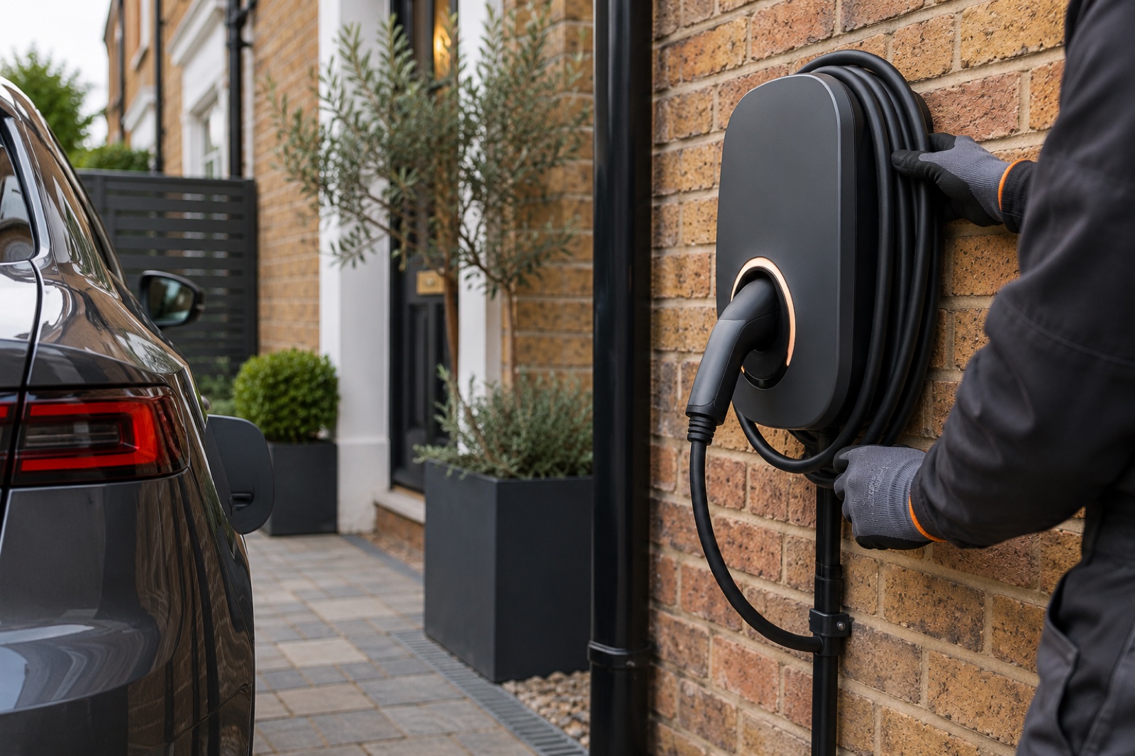 Unbranded EV charging point being checked on a London home