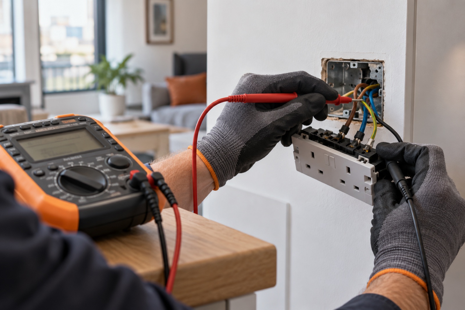 Electrician testing a UK socket during fault diagnosis