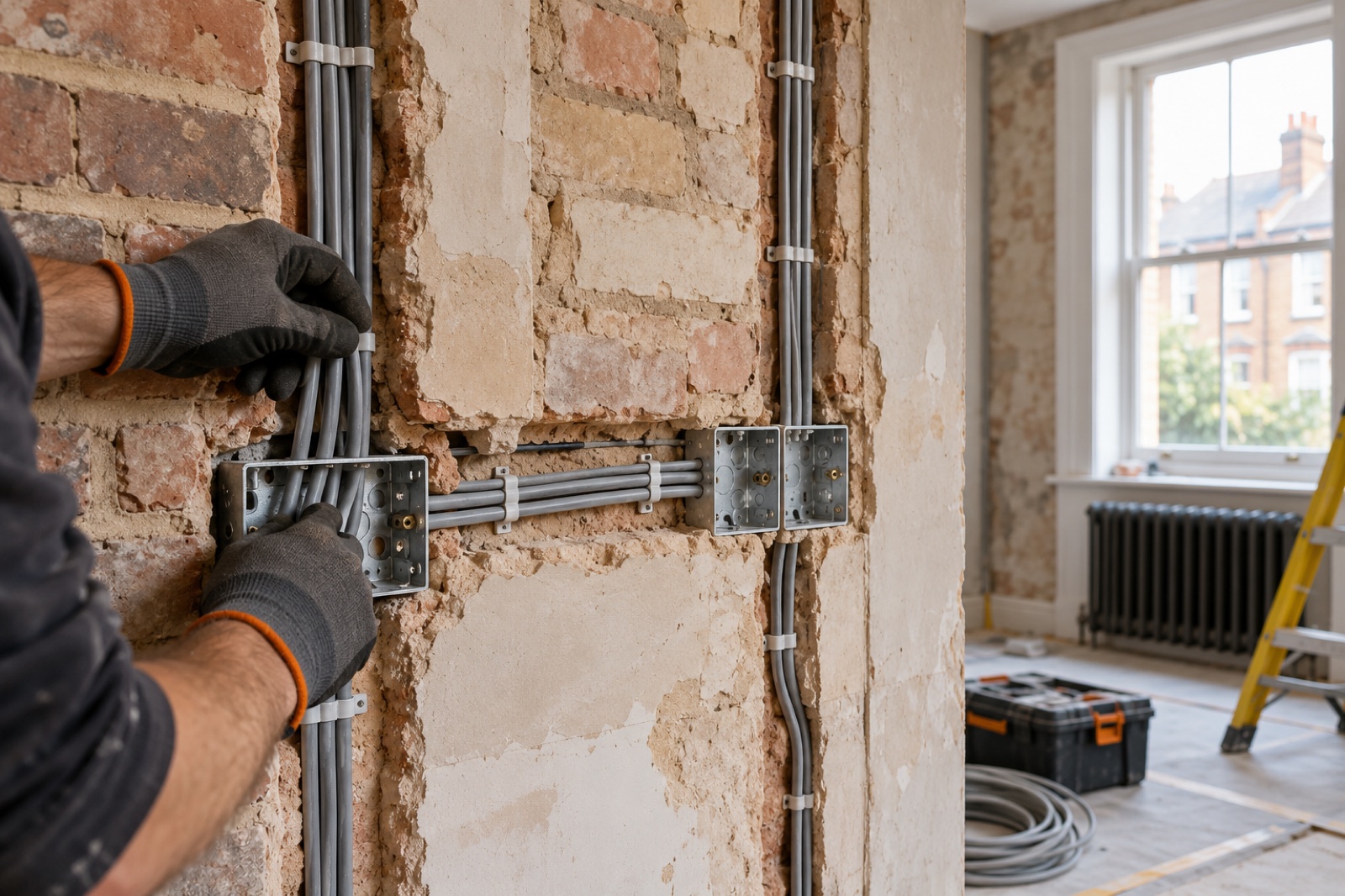 Neatly routed electrical cables during a London home renovation
