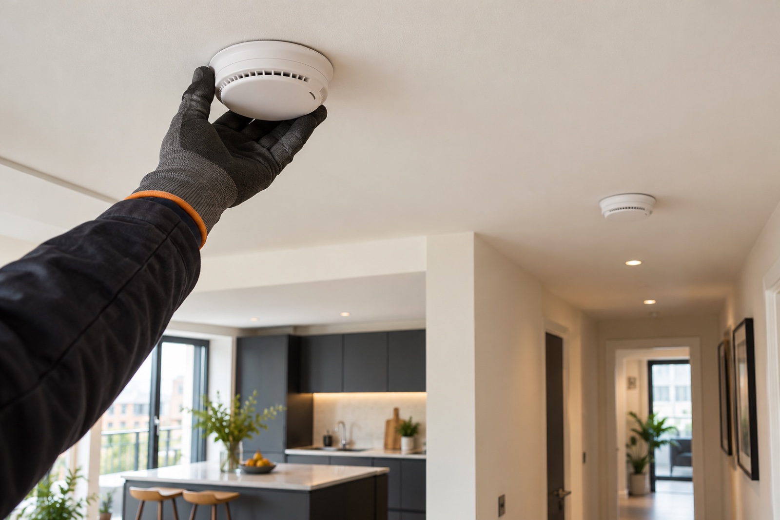 Electrician fitting an interconnected ceiling alarm in a London flat